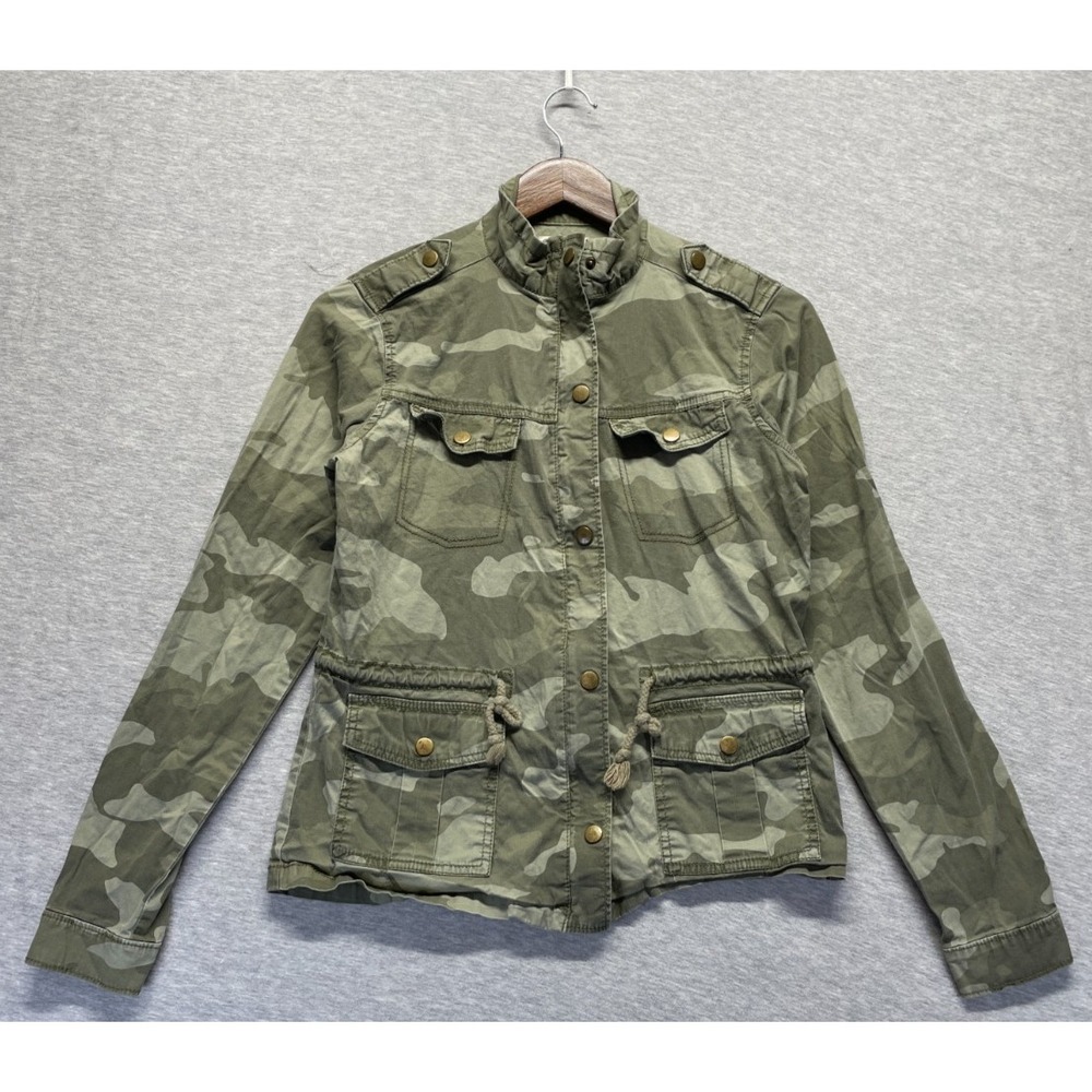 Mudd Utility Jacket Womens Small Green Camouflage Drawstring Waist Snap Front